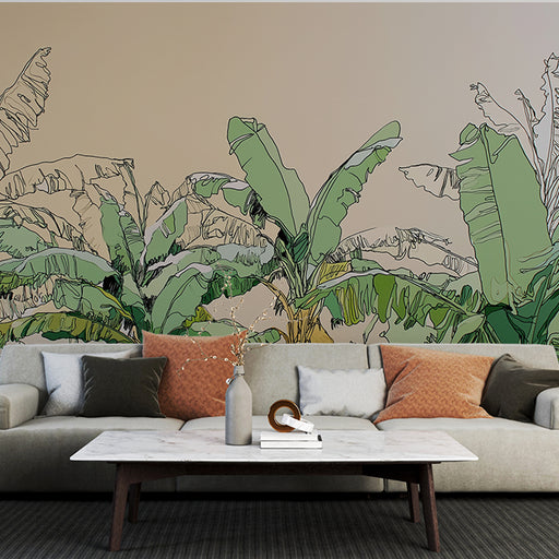 Un salon moderne avec un papier peint représentant des feuilles de bananier aux contours dessinés, créant une atmosphère tropicale et apaisante.