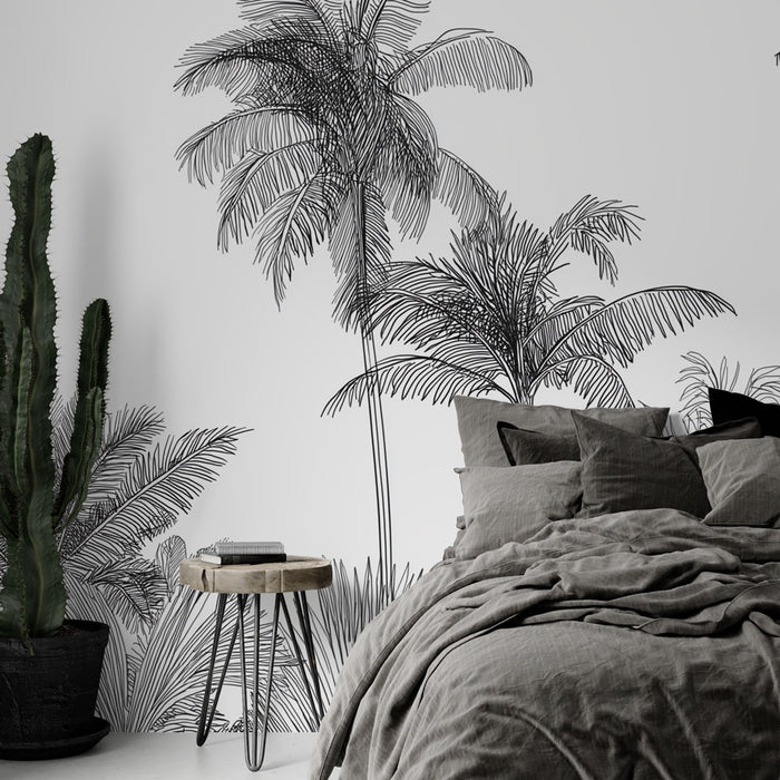 Une chambre moderne avec un papier peint représentant des palmiers en lignes noires sur fond blanc, créant une atmosphère apaisante et artistique.