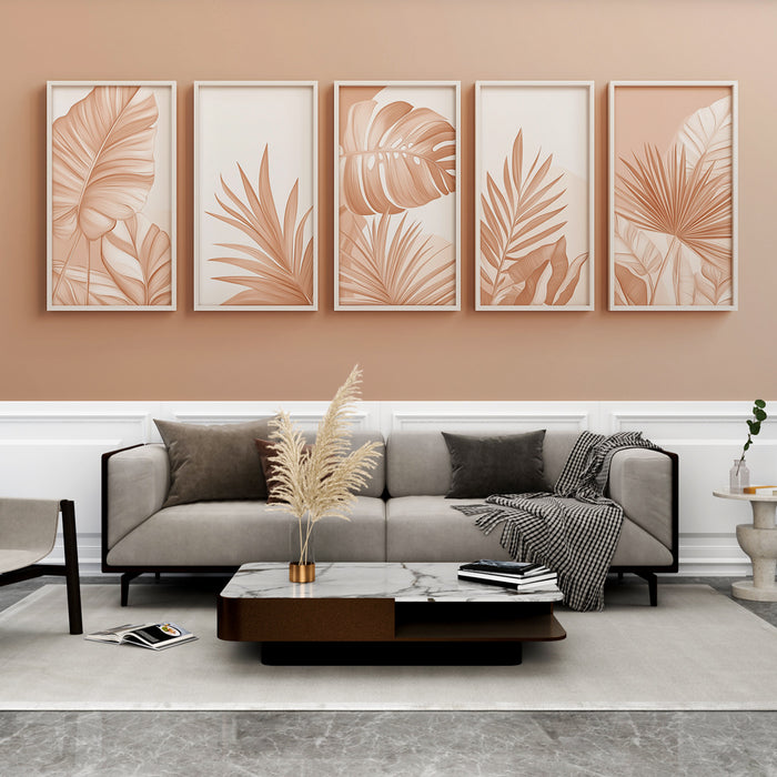 Un salon contemporain avec un papier peint aux nuances de terre, orné de motifs de feuillages délicats évoquant une atmosphère chaleureuse et apaisante.