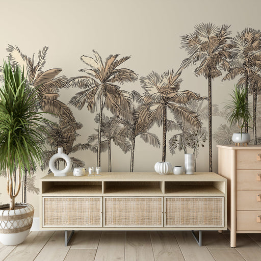 Une pièce moderne avec un papier peint représentant des palmiers en noir et beige sur fond clair, créant une ambiance tropicale et apaisante.