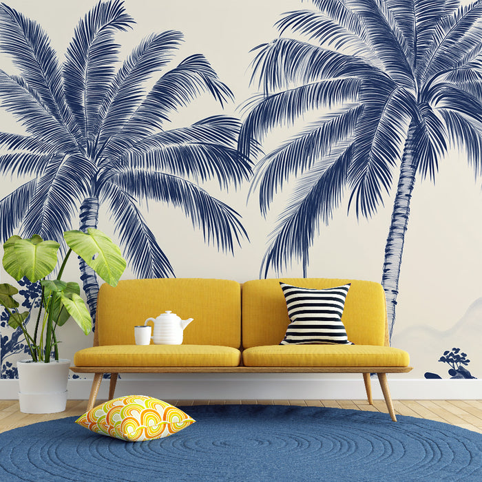 Papier peint palmiers | Motif de palmiers bleus sur fond doux