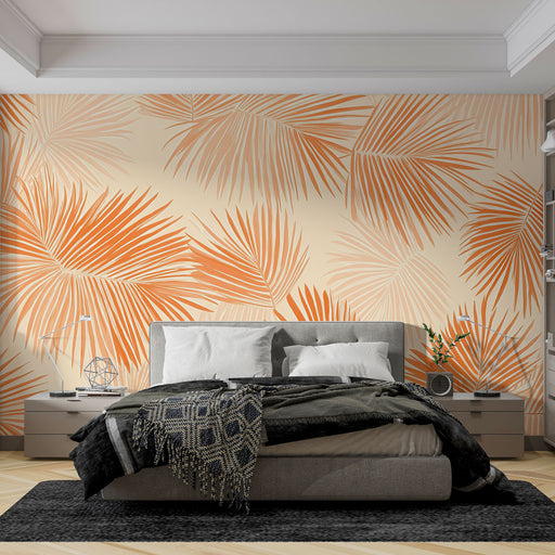 Papier peint palmiers oranges sur fond beige pour chambre moderne et élégante