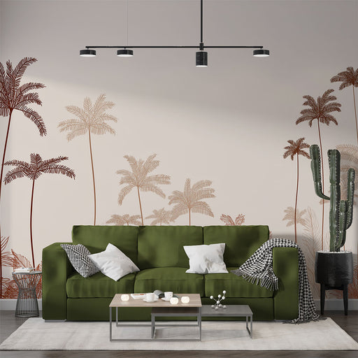 Un salon moderne avec un papier peint représentant des palmiers aux teintes terracotta et beige sur fond clair, créant une ambiance tropicale et chaleureuse.