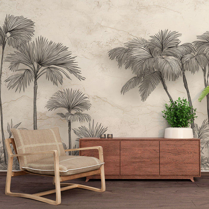 Une pièce moderne avec un papier peint représentant des palmiers en noir sur un fond beige texturé, créant une ambiance tropicale et apaisante.
