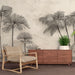 Une pièce moderne avec un papier peint représentant des palmiers en noir sur un fond beige texturé, créant une ambiance tropicale et apaisante.