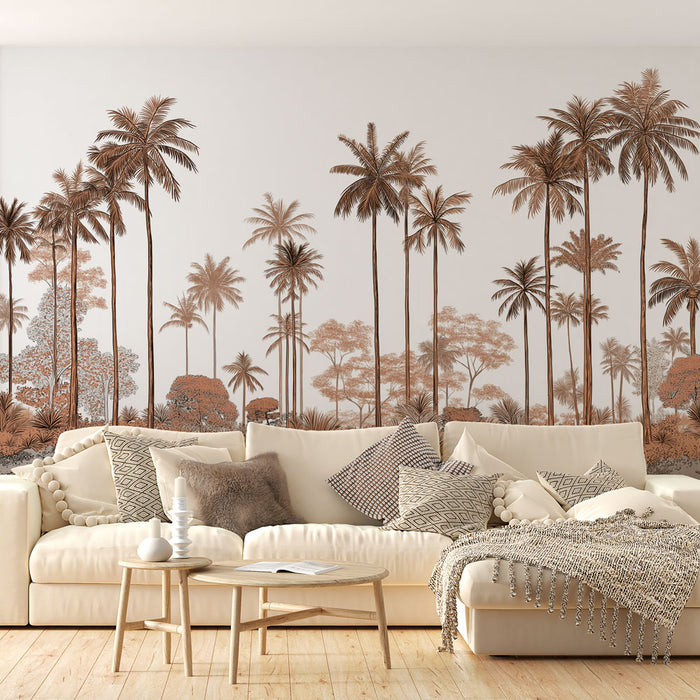 Un salon lumineux avec un papier peint tropical représentant des palmiers et des feuillages dans des teintes chaudes de beige et marron, créant une atmosphère apaisante et accueillante.