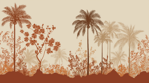 Papier peint palmiers Motif élégant de palmiers et fleurs en nuances de terre