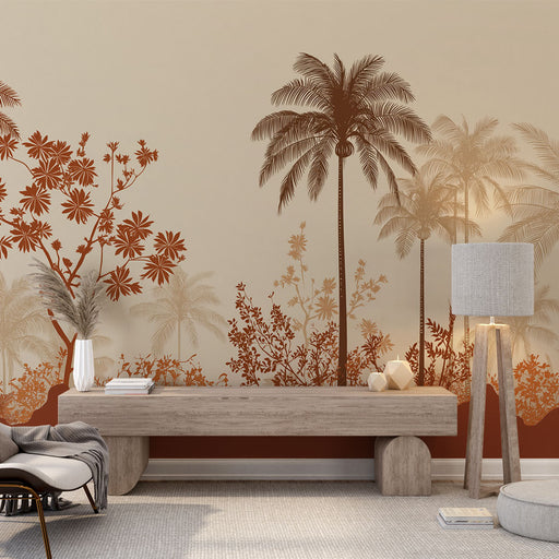 Une pièce moderne avec un papier peint tropical aux motifs de palmiers et de fleurs dans des teintes ocres, créant une ambiance chaleureuse et apaisante.