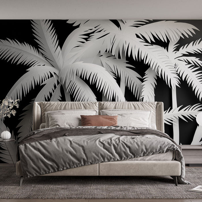 Papier peint élégant avec motif de palmiers blancs en relief sur fond noir pour chambre moderne