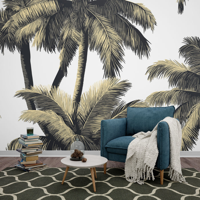 Un salon moderne avec un papier peint tropical représentant des palmiers stylisés en noir et or sur fond blanc, créant une ambiance relaxante et chaleureuse.