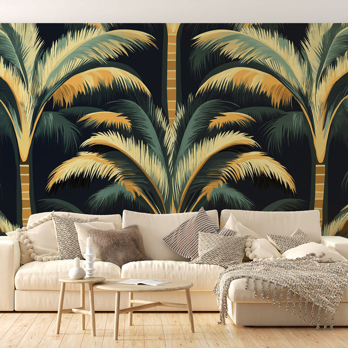 Papier peint palmiers | Motif luxuriant de palmiers sur fond sombre