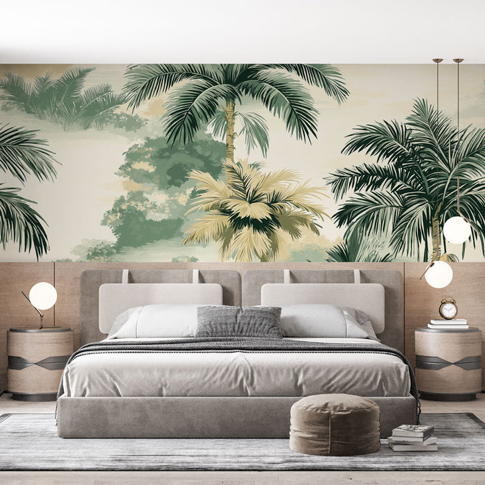 Papier peint palmiers | Motif tropical aux nuances de vert et beige