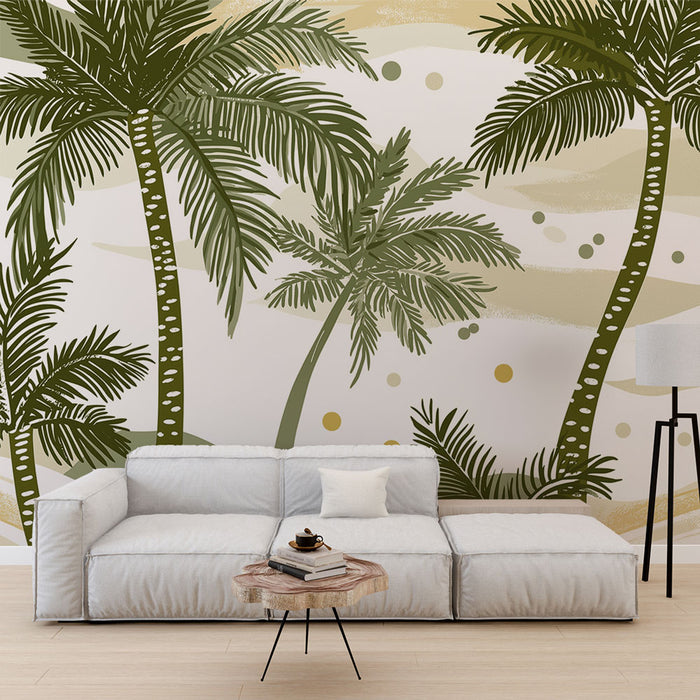 Un salon moderne avec un papier peint tropical représentant de grandes palmiers verts sur un fond doux et lumineux, créant une ambiance relaxante et estivale.