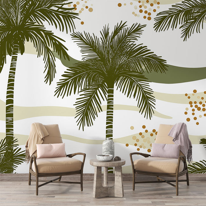 Une pièce lumineuse avec un papier peint tropical représentant de grandes palmiers verts sur fond clair, créant une ambiance relaxante et estivale.