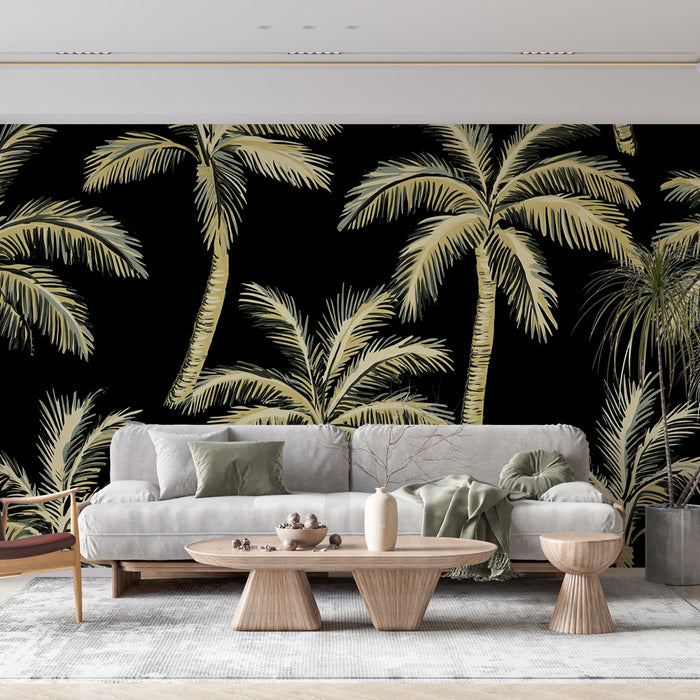 Papier peint palmiers | Motif tropical avec palmiers sur fond noir