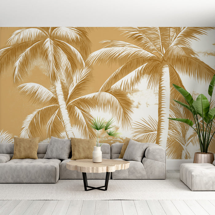 Un salon contemporain avec un papier peint tropical aux motifs de palmiers dorés sur fond beige, créant une ambiance chaleureuse et relaxante.