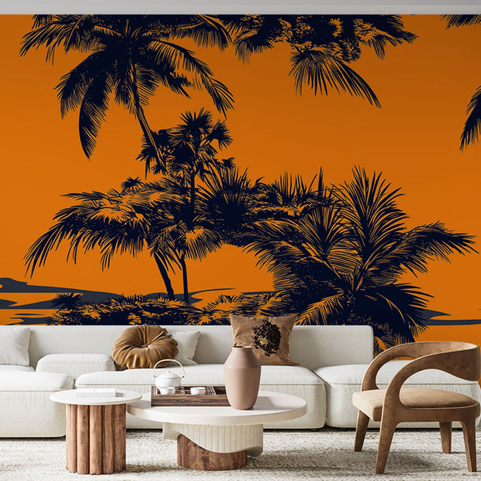 Papier peint palmiers | Motif tropical vibrant sur fond orange