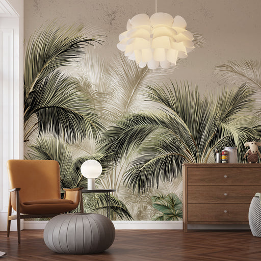 Une pièce moderne avec un papier peint tropical représentant de grandes feuilles de palmiers dans des teintes douces de vert et beige, créant une atmosphère apaisante et naturelle.