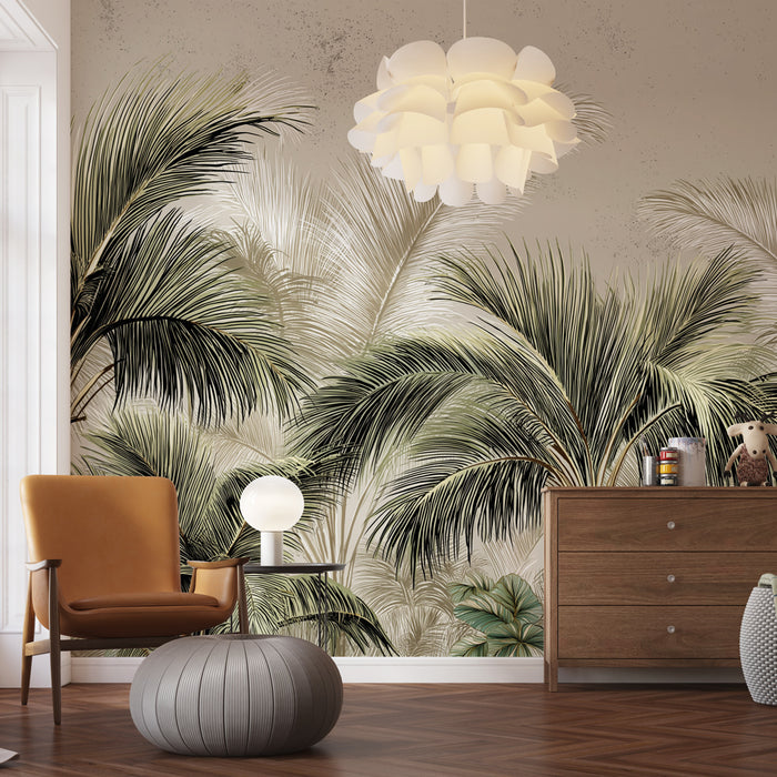 Une pièce moderne avec un papier peint tropical représentant de grandes feuilles de palmiers dans des teintes douces de vert et beige, créant une atmosphère apaisante et naturelle.