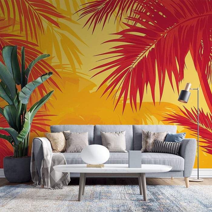 Un salon moderne avec un papier peint tropical aux palmiers rouges sur fond dégradé jaune, créant une ambiance chaleureuse et estivale.