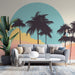 Papier peint salon avec silhouettes de palmiers contre un ciel pastel pour décoration moderne