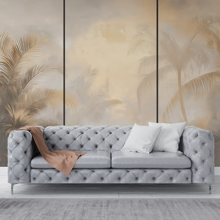 Un salon élégant avec un papier peint représentant des palmiers dans des teintes douces de beige et or, créant une atmosphère sereine et chaleureuse.