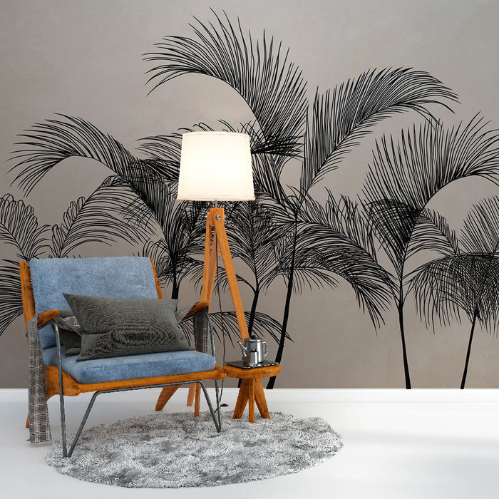 Une pièce moderne avec un papier peint représentant des palmiers en noir sur fond beige, créant une ambiance tropicale et apaisante.