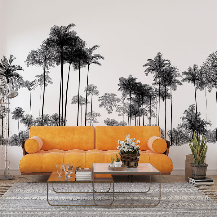 Un salon moderne avec un papier peint représentant des silhouettes de palmiers noirs sur fond blanc, créant une ambiance tropicale et élégante.