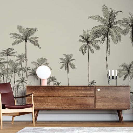 Une pièce moderne avec un papier peint représentant des palmiers en noir et blanc sur un fond beige, créant une ambiance tropicale et apaisante.