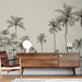 Une pièce moderne avec un papier peint représentant des palmiers en noir et blanc sur un fond beige, créant une ambiance tropicale et apaisante.