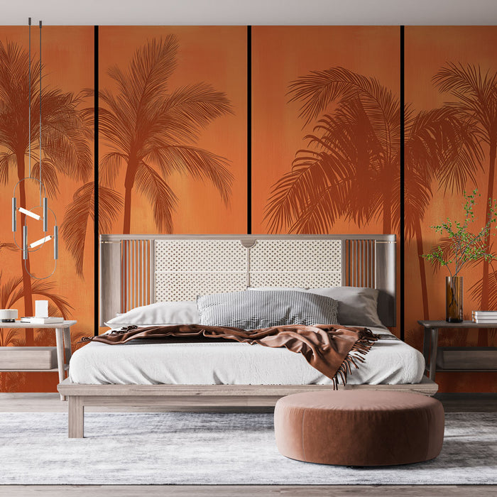 Une chambre moderne avec un papier peint tropical orange représentant des palmiers en silhouette, créant une ambiance chaleureuse et ensoleillée.