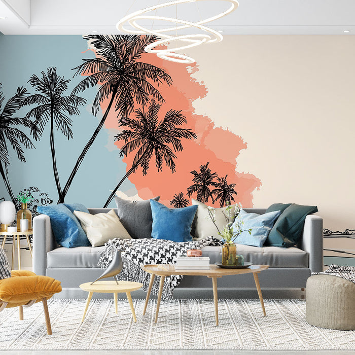 Un salon lumineux avec un papier peint tropical aux palmiers noirs sur fond bleu et corail, créant une ambiance estivale et relaxante.