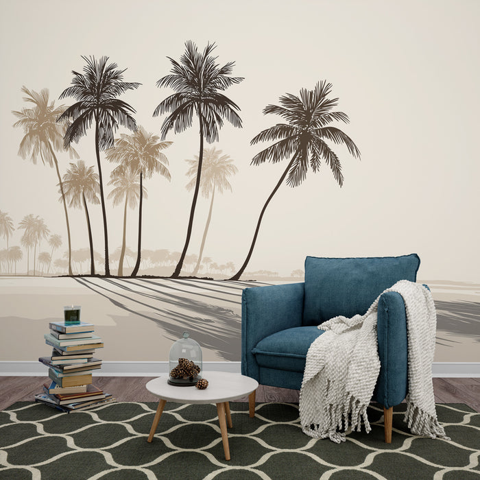 Une pièce de salon avec un papier peint représentant des palmiers stylisés en nuances de beige et noir, créant une ambiance tropicale et apaisante.