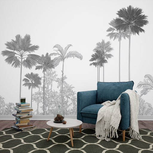 Une pièce moderne avec un papier peint représentant des palmiers en noir et blanc, créant une atmosphère tropicale et apaisante.