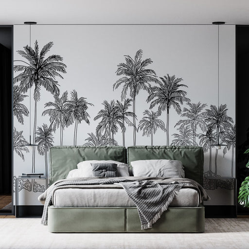 Une chambre moderne avec un papier peint représentant des palmiers en silhouette noire sur fond clair, créant une ambiance tropicale et apaisante.