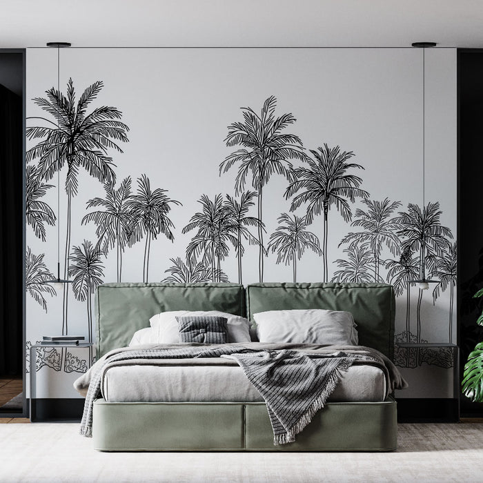 Une chambre moderne avec un papier peint représentant des palmiers en silhouette noire sur fond clair, créant une ambiance tropicale et apaisante.