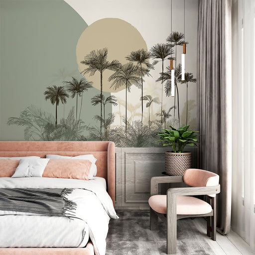 Une chambre moderne avec un papier peint tropical aux teintes douces, représentant des palmiers sur fond vert et beige, créant une ambiance sereine et apaisante.