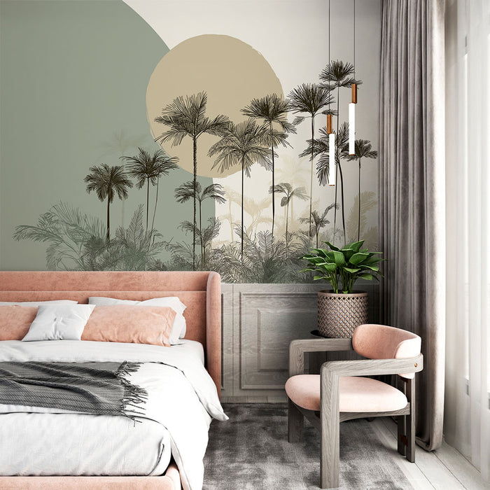 Une chambre moderne avec un papier peint tropical aux teintes douces, représentant des palmiers sur fond vert et beige, créant une ambiance sereine et apaisante.