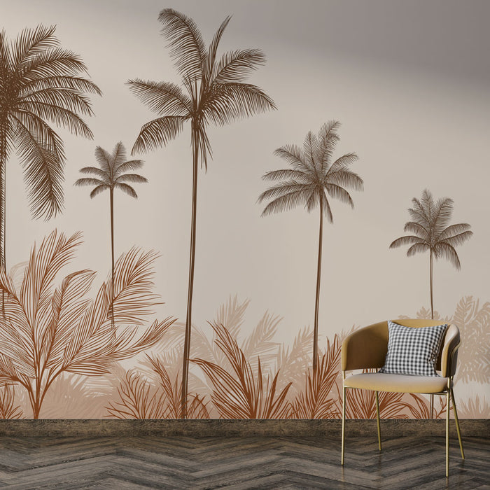 Une pièce moderne avec un papier peint tropical beige et brun représentant des palmiers élégants, créant une atmosphère chaleureuse et apaisante.