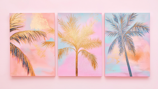 Papier peint palmiers stylisés Trio de palmiers dorés sur fond pastel