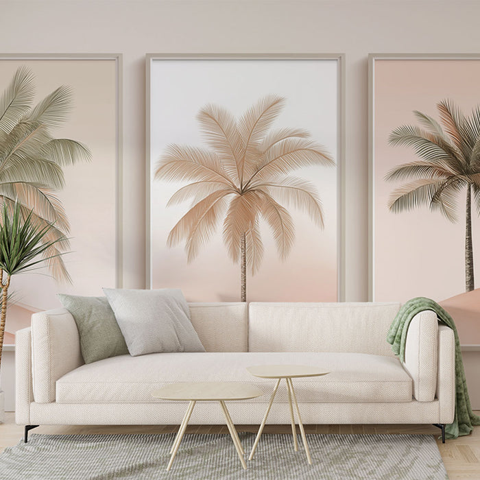 Un salon moderne avec un papier peint représentant des palmiers aux teintes douces de rose et beige, créant une ambiance sereine et estivale.