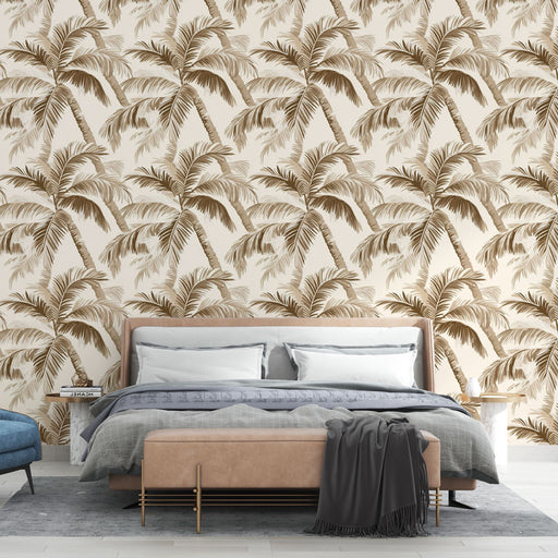 Une chambre moderne avec un papier peint tropical représentant des palmiers stylisés dans des tons bruns sur un fond clair, créant une ambiance chaleureuse et relaxante.