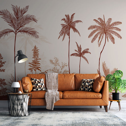 Un salon contemporain avec un papier peint représentant des palmiers stylisés en rouge sur fond beige, créant une ambiance chaleureuse et tropicale.