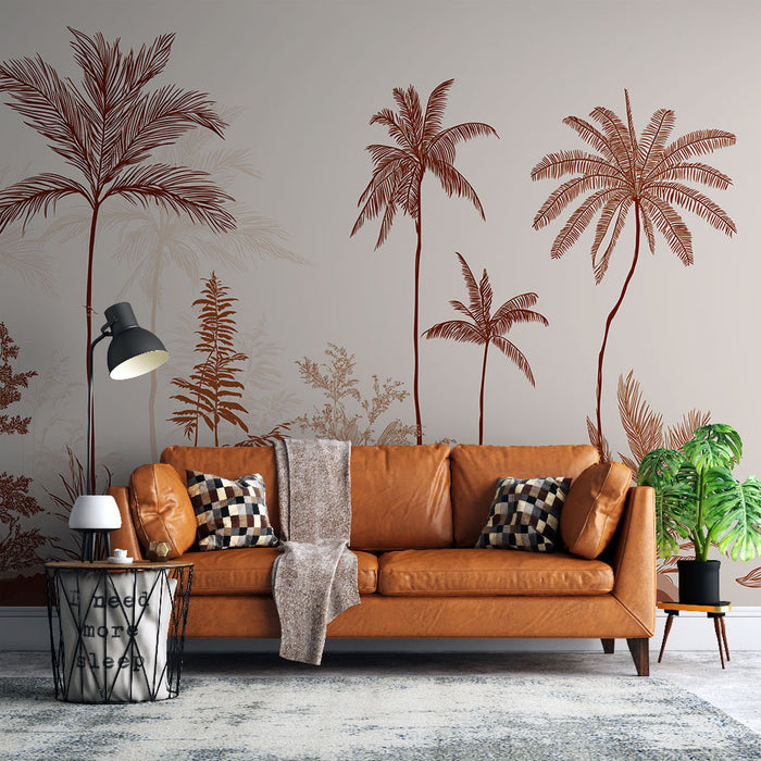 Un salon contemporain avec un papier peint représentant des palmiers stylisés en rouge sur fond beige, créant une ambiance chaleureuse et tropicale.