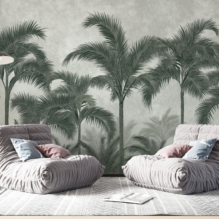 Une pièce moderne avec un papier peint représentant de grandes palmiers verts sur fond gris, créant une atmosphère tropicale et apaisante.