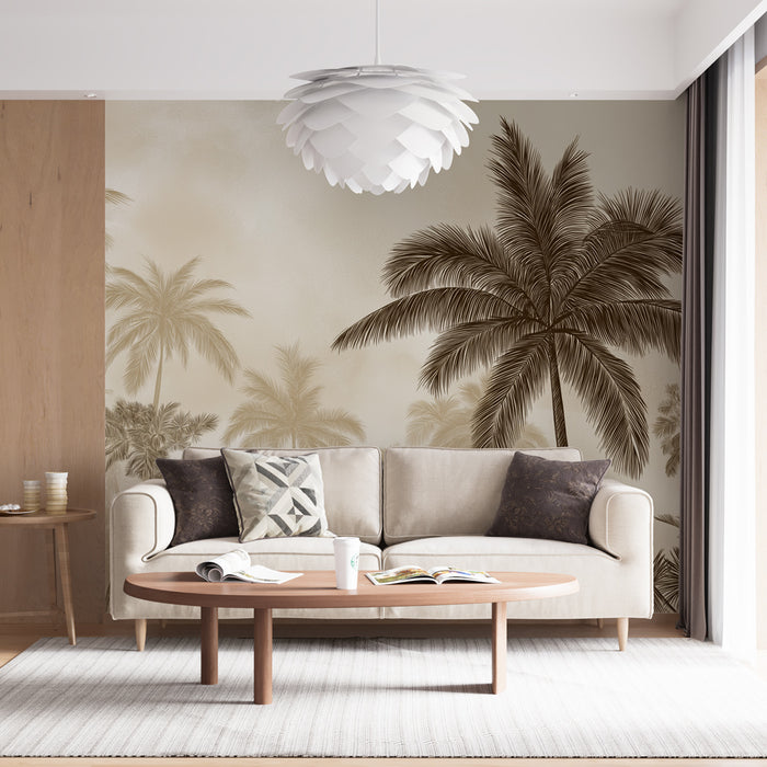 Un salon lumineux avec un papier peint tropical beige représentant des palmiers stylisés, créant une atmosphère apaisante et estivale.