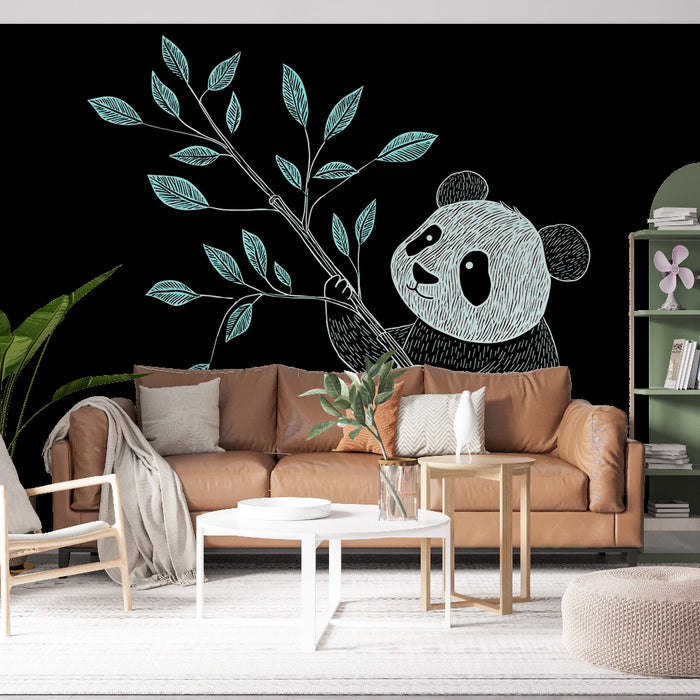 Un salon chaleureux avec un papier peint illustratif représentant un panda tenant une branche, sur fond noir, créant une atmosphère ludique et accueillante.