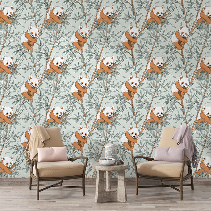 Un salon convivial avec un papier peint illustrant des pandas espiègles sur fond vert clair, créant une atmosphère ludique et chaleureuse.