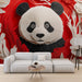 Papier peint design avec panda entouré de fleurs rouges et blanches pour salon moderne