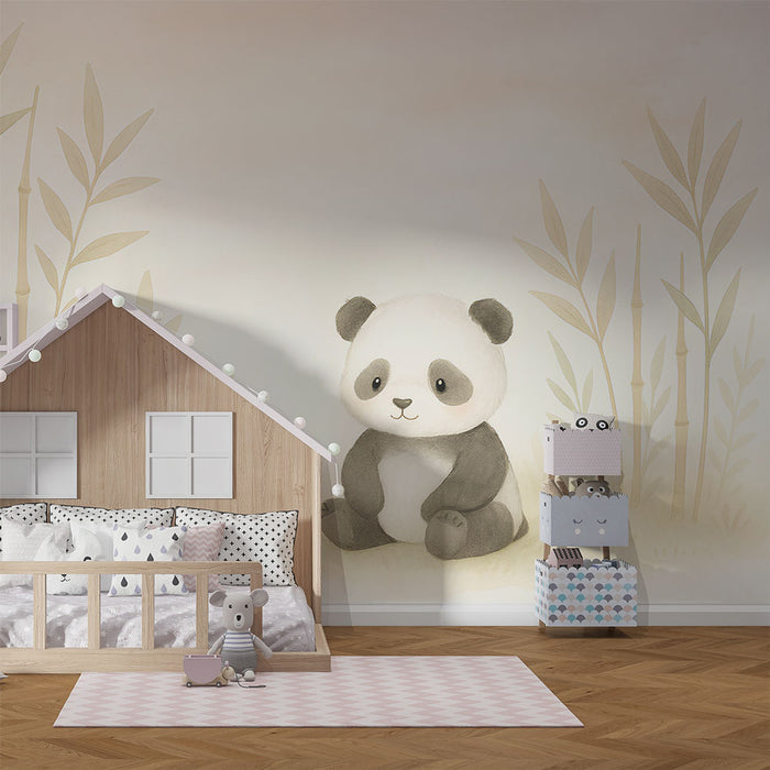 Une chambre d'enfant avec un papier peint illustrant un panda adorable entouré de bambous, créant une atmosphère douce et ludique.